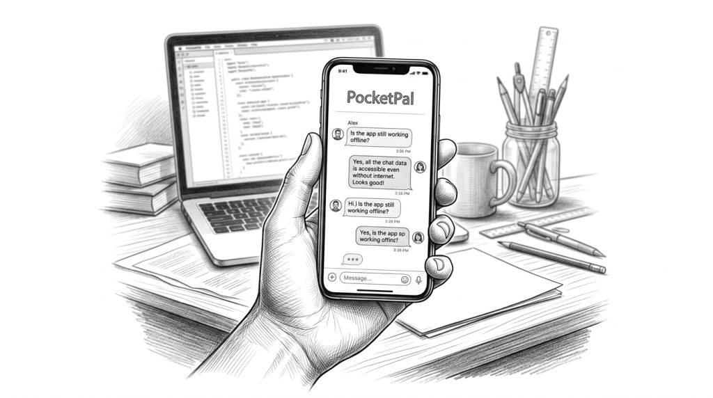 Hand holding a smartphone with PocketPal app and chat interface visible in a modern studio workspace, illustrated in fine black-and-white pencil linework.