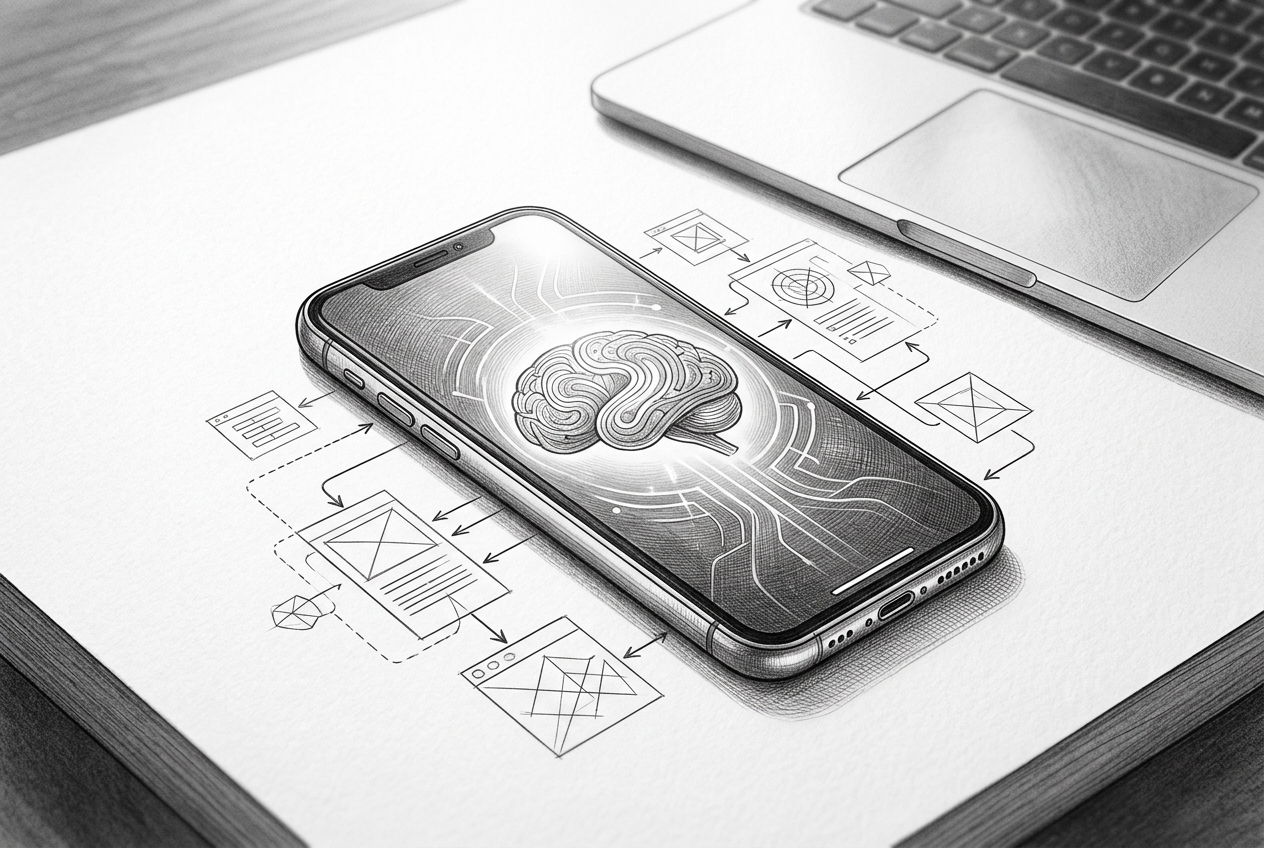 Pencil illustration of a smartphone surrounded by floating data diagrams, showing AI processing happening entirely on-device with no external connections.