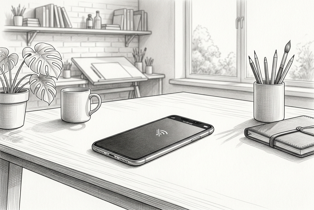 An illustration of a smartphone in a professional creative workspace depicting the privacy and independence of offline AI functionality without internet dependency.